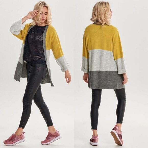 JDY Colorblock Knit Cardigan Yellow Grey Size Large Oversized Sweater Bohemian L - Picture 3 of 13
